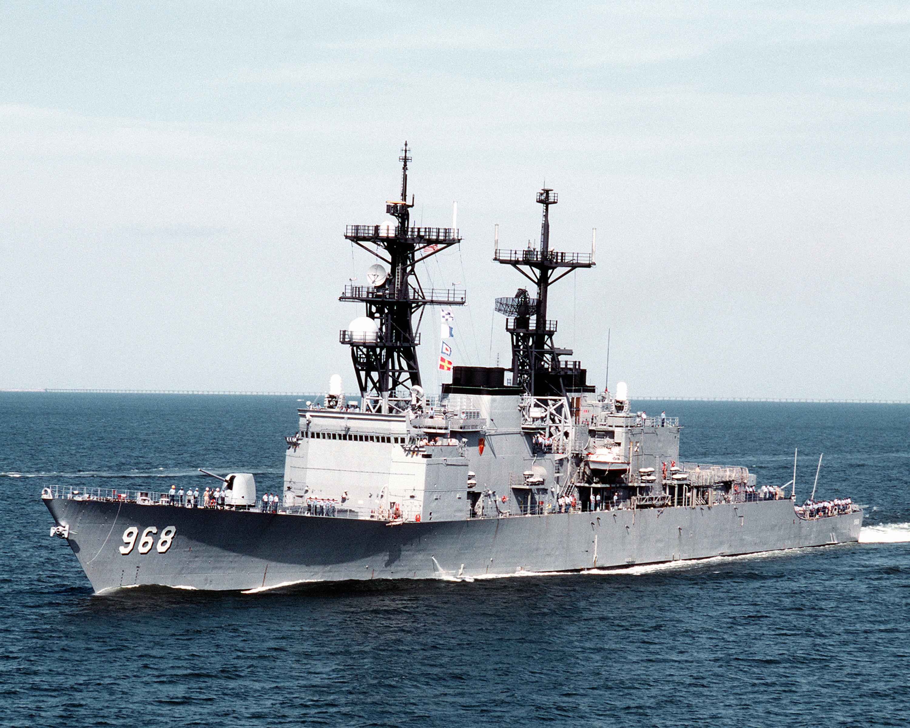 USS Arthur W. Radford (DD-968) approaching Hampton Roads and Naval Station Norfolk, 1990.