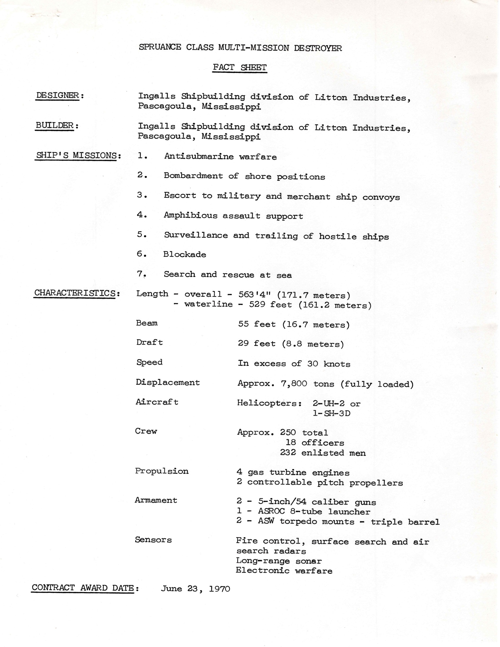Original Ingalls Spruance-class destroyer fact sheet from the 1973 press kit